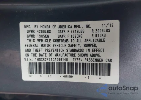 2013 Honda Accord Lx из США, поврежденный, VIN 1HGCR2F31DA066140